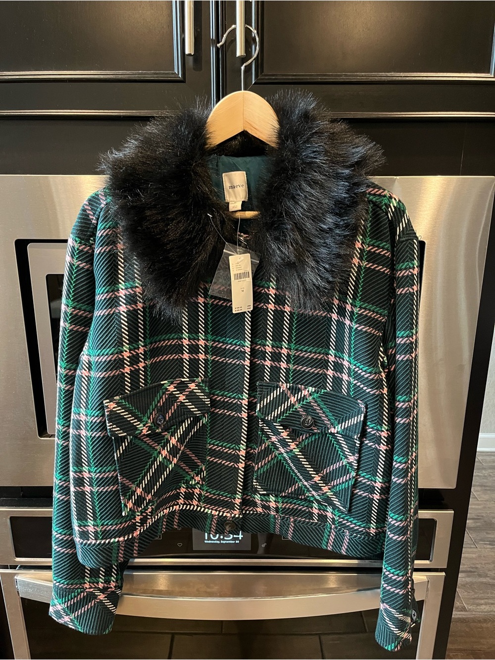 Gibson Latimer Green and Pink Plaid Faux-Fur Collar Cropped Jacket Anthropologie